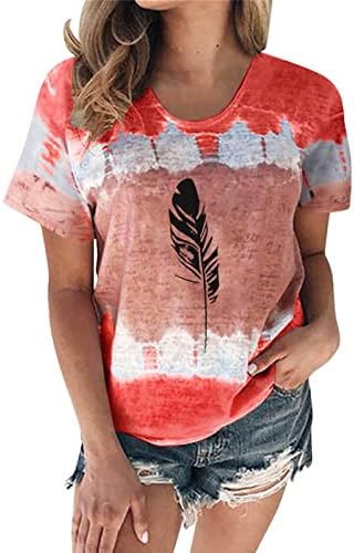 Женски маици 2023 Трендовски блокирање на боја, пердув печати лето летен случај на кратки ракави, врвови на вратот на вратот, врвови