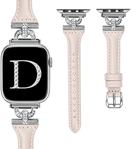 Слим кожни ленти Oulucci компатибилни со Apple Watch Band 40mm 41mm 38mm 44mm 45mm 49mm 42mm, дијаманти во форма Д-форма за Iwatch