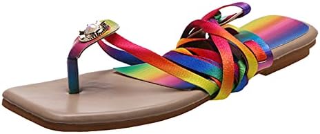 Жени рамни сандали плоштад пети самовила самовила модна лента во боја, рамна женска надворешна трговија сандали, жени пешачки сандали со