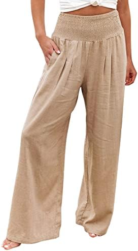 Постелнини широки панталони за нозе за жени чиста боја еластична руширана висока половината широки панталони со џебови, проточни удобни