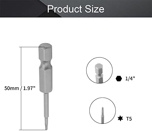 Bits Utoolmart Torx Screwpriver Bits, T5 Magnetic Torx Gear Driver Driver Bit, со 1/4 инчен хексадецимален тресење, алатки за комплет за возач