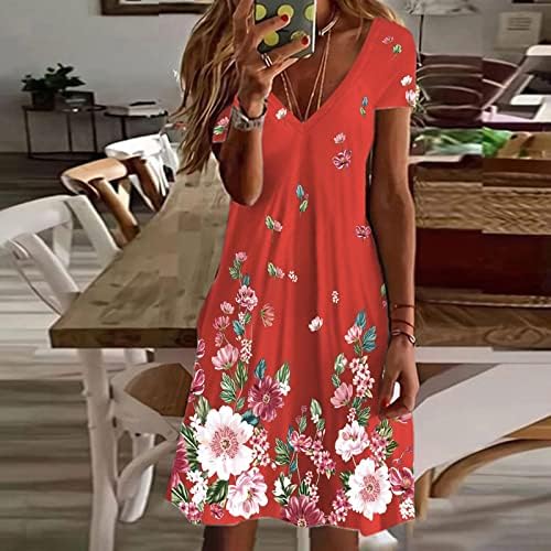 Фустани за плажа за жени, рес за жени Симпатична цветна кратка ракав против вратот лежерен лабав фит фустан од плажа Мини фустан маица