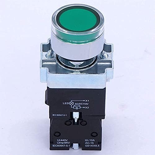Ganyuu 22mm 1 Без зелена LED светлосна моментална прекинувач на копчето 440V 10A прекинувачи за копчето со црвена светлина 110V