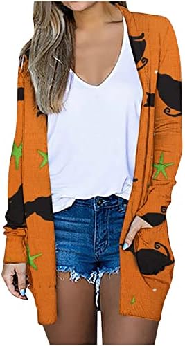 Women'sенски плус големина џемпер за Ноќта на вештерките Симпатична тиква печати со долги ракави за Ноќта на вештерките, отворени предни