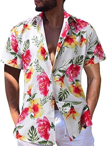 XXVR машки хавајски кошули, лето кратко ракав Тропско цветно копче за печатење надолу опуштено вклопување лапел плажа Алоха кошула