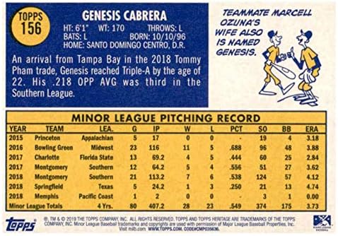 2019 Топс Херитиџ малолетни лица 156 Genesis Cabrera RC Дебитант Мемфис Редбирдс Бејзбол Трговска картичка