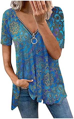 FMCHICO женски врвови, женски врвови со шарени печати туника против вратот патент мачки кратки ракави блузи, обични лабави кошули