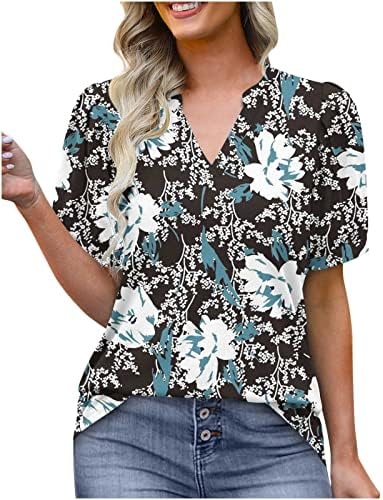 LCEPCY Floral Puff ракав V вратот маица облечена летна летна блуза лабава вклопена тунична врвови за носење со хеланки