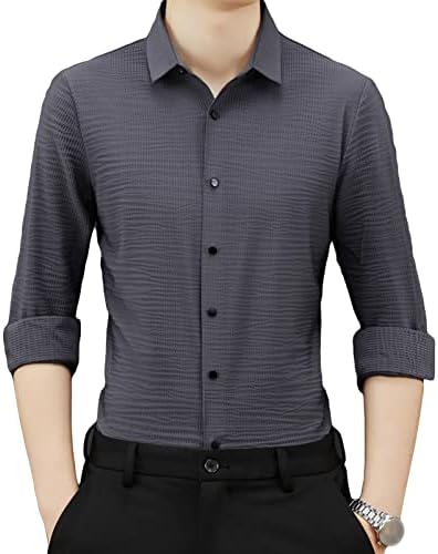 Машка кошула за луксузни фустани солидна тенок тенок фит брчки за брчки, копче надолу кошули Редовно вклопување на кошула за работа