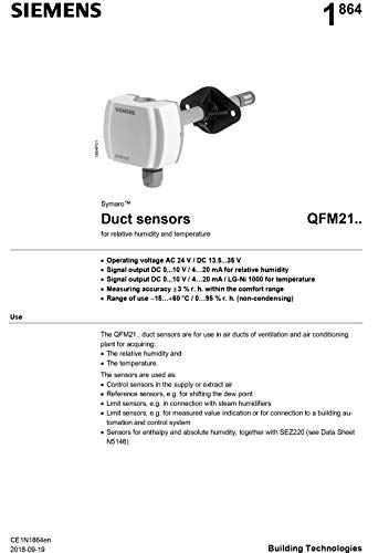Сензор за канали за температура и влажност на Сименс за AHU, HVAC, BMS модел: QFM2160 заедно со сертификат за калибрација од страна на