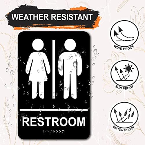 Знак за тоалетот на Унисекс Брајов - 9 x 6 Акрилни знаци на тоалети за деловни активности со ленти - Полки за неутрална бања - АДА сите знаци