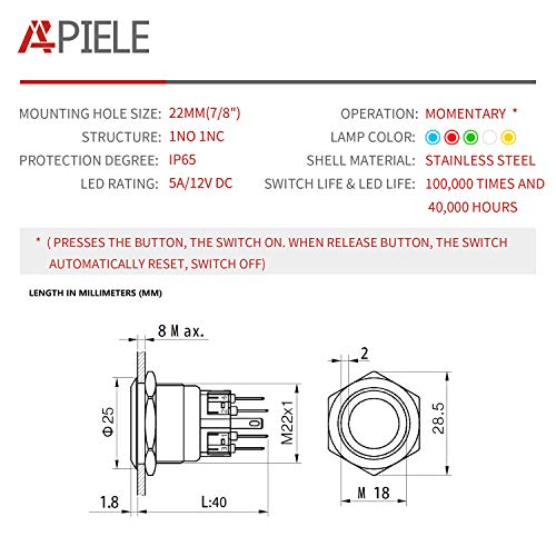 АПИЕЛ 22мм Моментно копче за притискање 12V Ангелско очите LED водоотпорен не'рѓосувачки челик тркалезен метал само-ресесет 7/8 '' 1NO