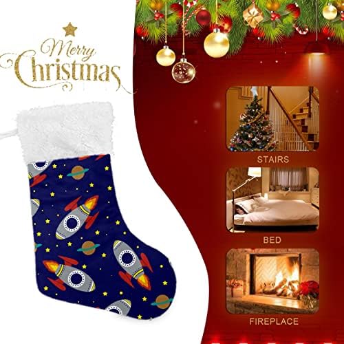 Божиќни чорапи ракета цртана планетана надворешна просторија ноќ бела плишана манжетна мерцеризирана кадифена семејна празник персонализиран голем порибување Б