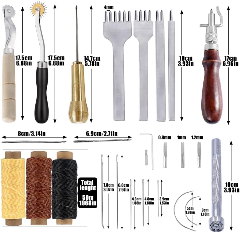 Rorgeto 48PCS Професионален кожен занаетчиски алатки комплет за шиење со рака за шиење со восочно тркало со лопатка за занает за кожен занает