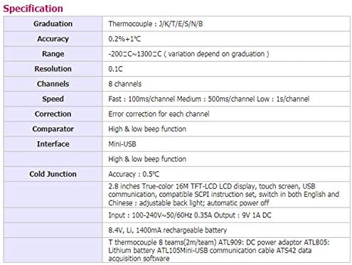 JF-XUAN Мултиметар 8-канален рачен температурен термометар Термометар на мерач на мерач на рекордер J/K/T/E/S/N/B Термокул AT4208 Дигитален