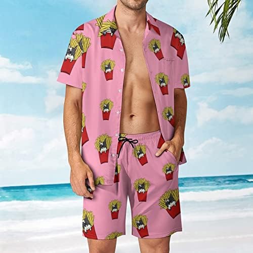 Weedkeycat Француски помфрит Булдог машка облека за плажа 2 парчиња Хавајско копче надолу со кошула Краток ракав и шорцеви