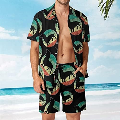 Симпатична ретро Дахшунд кучиња Машки 2 парчиња облека на плажа на Хавајски копче надолу со кошула со краток ракав и шорцеви костуми