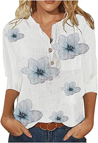 Женски цветни кошули мода 3/4 ракави копче нагоре стојат јака со средна должина лабава обична маичка кошула Туника блуза Топ