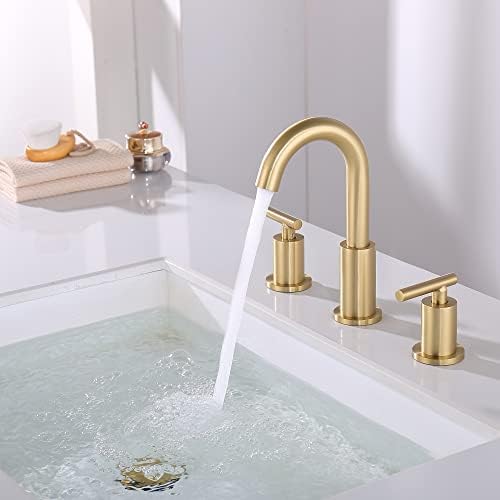 Четкана златна тапа за бања со црево за одвод и снабдување со мијалник, широко распространета тапа за бања 3 дупка, детска златна