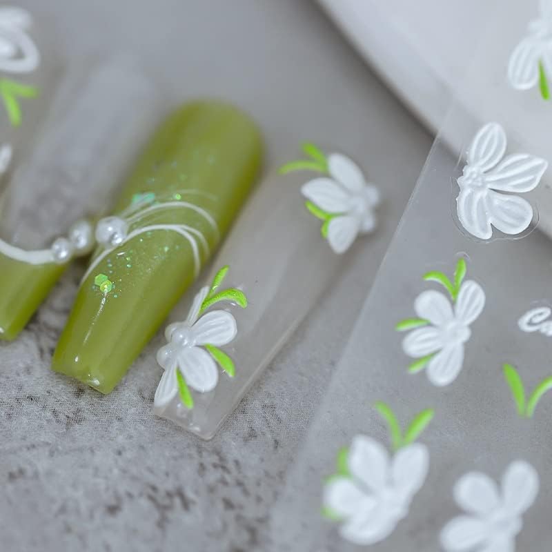 Јапонски стил Камелија цвет 5д вградена налепница за нокти, пролетен бел цветен дизајн, врежан лизгач за дизајн на маникир за нокти -