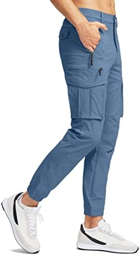 Машки пешачки панталони за пешачење со 7 џебови со 7 џебови, тенок вклопена работа, патувајте голф товар панталони за мажи за мажи