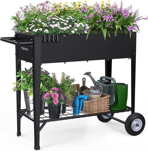 Highpro крена градинарски кревет со нозе, мобилна кутија за пластери издигната на тркала преносна пластеничка количка на отворено затворено за зеленчук билки засаден