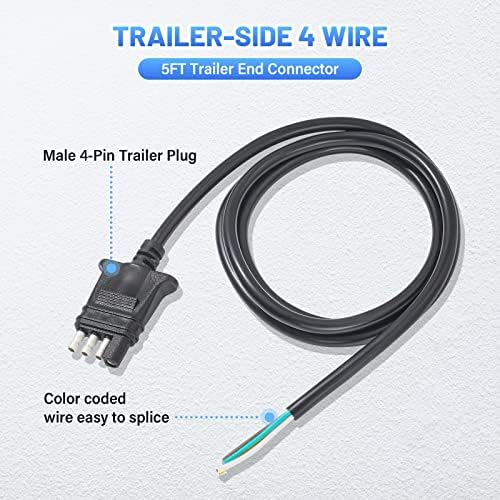 Mecmo 4 Way Trailer End Connector Wire 5 стапки со јакни кабел, тешка 18awg чист бакар во боја, чист бакар, приколка од страна