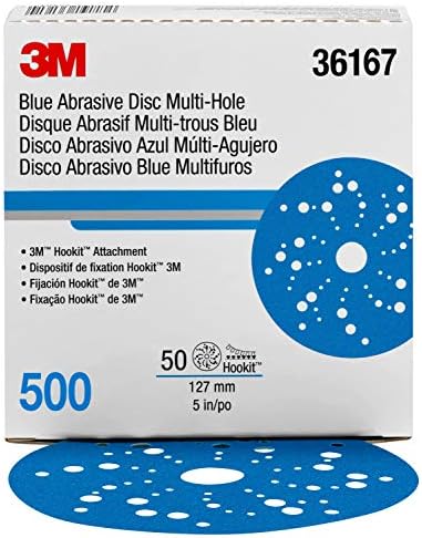 3м Хуклит Сина абразивна диск Мулти-дупка, 36167, 5 во, 500 одделение, 50 дискови по картон