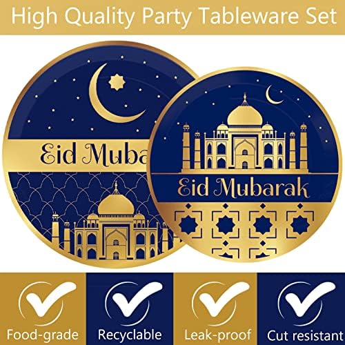 96pcs Рамазан Мубарак, прибор за миење садови за забави за забави на Еид Мубарак-сино злато за еднократна употреба Еид хартиени плочи