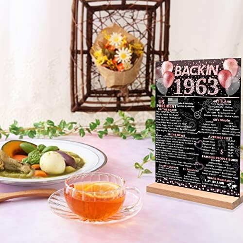 1963 Розово злато 60 -ти роденденски украси за жени, двострани уште во 1963 година роденденски постер за акрилик табела со штанд на 60 -годишнината за роденденски подарок