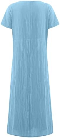 Fragarn женски летен обичен обичен цврста боја со кратки ракави со кратки ракави О-вратот за зашивање лабава џебна памучна постелнина