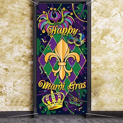 Покривање на карневалската врата од Марди Грас, голема ткаенина среќна Марди Грас знак на забавата на вратата на вратата на вратата Марди Грас Декорации за позадин