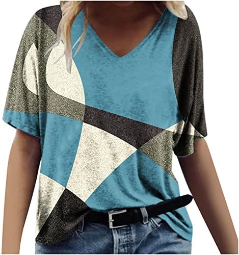Женски кошули случајни летни кратки ракави v вратот врвови модна графичка боја блок-маица 2023 лабава фит блуза манчиња