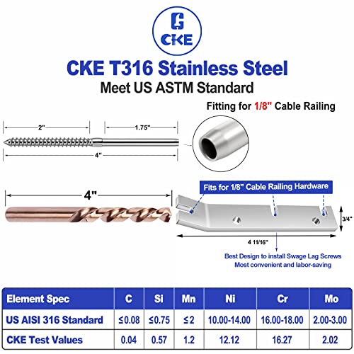 CKE 100 пакет T316 од не'рѓосувачки челик лев и десен рака на конец за нишка за завртки за дрво за дрво 1/8 кабелски палуба комплет за шифрирање