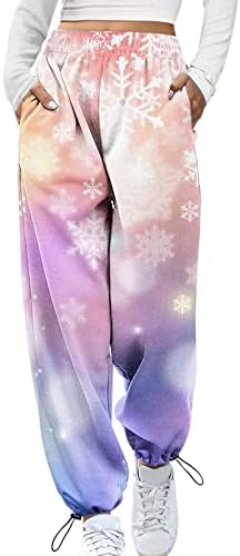 Christmasенски Божиќни џемпери врски со боја еластична половината атлетски џогери трендовски печатење на дното на дното активен пантолона со џебови