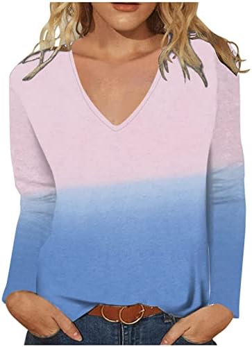 Врза за боја, долга ракав, жени, женски обичен лабава лабава врат за печатење со долги ракави маица маица врвови печатена блуза за туника