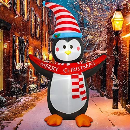 Декорации за надувување на Божиќни надувување, 6ft надувувања осветлени пингвин држат среќен Божиќ банер, разнесени со вградени во LED