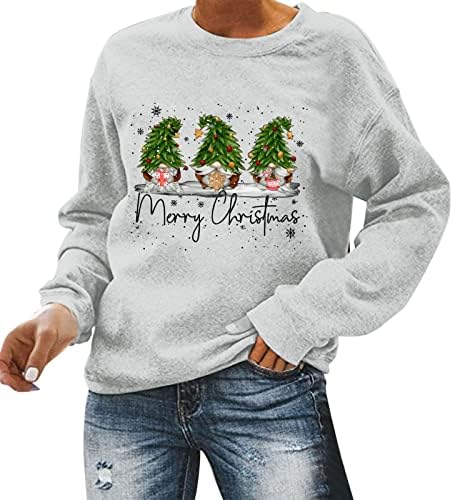 Womenените Божиќно џуџести печатење џуџести маички врвни лабави долги ракави за џемпер на џемпер, пулвер, врвни девојки со големина 11