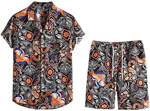 Машки обични хавајски кошули и шорцеви одговараат на обични 2 парчиња тропска облека лабави врвови за кратки ракави и кратки панталони