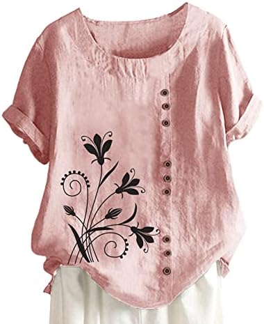 Женски памучен постелнина кратки ракави врвови летни пердуви за печатење графички тунични маички обични кошули со кошули со коприва