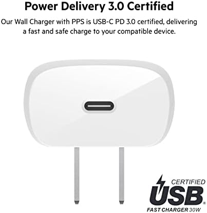 Belkin 30W USB C Wallиден полнач со USB-C до C кабел, PPS, PowerDelivery, USB-IF сертифицирано PD 3.0 Брзо полнење за Galaxy
