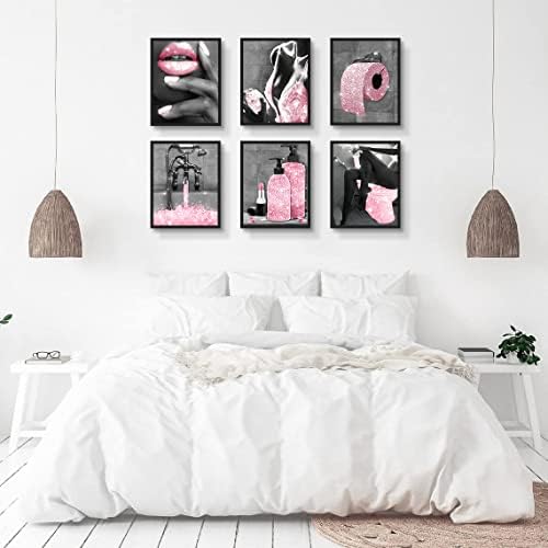 Bohganal модна wallидна уметност розова глам декор за бања црно -бело постери платно постер отпечатоци слики модерни парфеми жени смешни бања wallид декор за девојче спалн