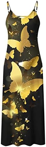 Женска пеперутка печати макси фустан лето v вратот шпагети ленти фустани случајни лабави лабави долги фустани