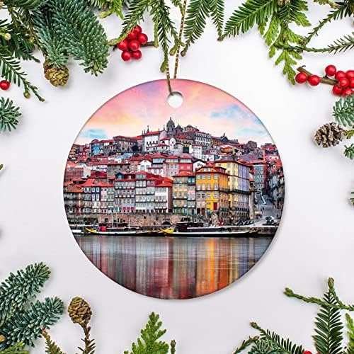 Божиќен украс Порто, Португалија Стариот град на реката Дуро, Божиќно дрво што виси, двострано порцелан/керамички украс, подарок за пријатели/турнеја,