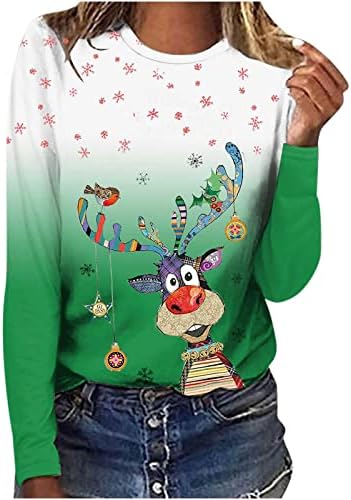 Womenените Божиќ симпатична пулвер трендовски 3Д цртан филм елк графички џемпер врвот на долги ракави градиенти влезови паѓаат