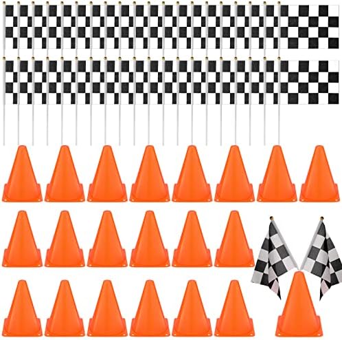 60 Парчиња Тркачки Автомобил Сообраќај Конуси Карирани Знамиња 7 инчен Портокал Спорт Обука Пластични Конуси Трки Карирани Знамиња