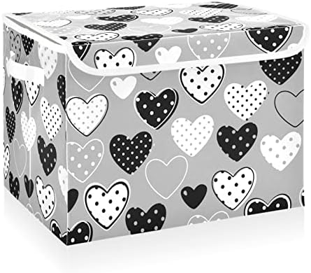 Катаку Црно-Бели Срца Канти За Складирање Со Капаци И Рачки, Ткаенина Голема Корпа За Коцки За Складирање Со Капак Украсни Кутии За Складирање