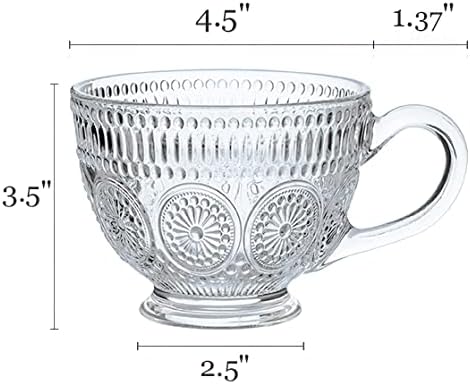Кингрол стакло кафе чаши со рачки, 6 пакувања 12,5 унци врежани чаши од чај, гроздобер стакленички производи за пиење за вода, млеко,