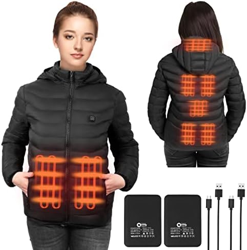 Qtree Intelligence Women'sенска загреана јакна со пакет батерии од 2Pack 10000mAh, загреан палто отпорен на вода со 8 области загревање