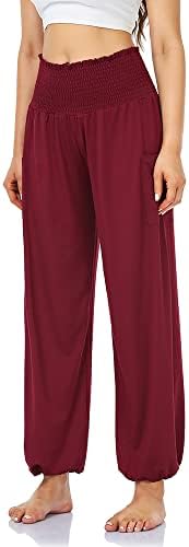 Обични лабави пријатни панталони на Carpetcom Commfy Comfy Smocekd високи половини џемпери јога хареми панталони со џебови